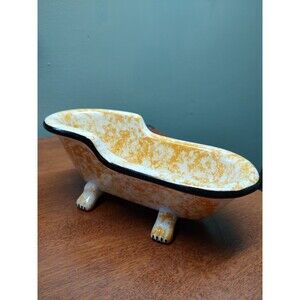 Vintage Pottery Yellow Spongeware Decorated Bathtub Toiletries Holder Soap Dish